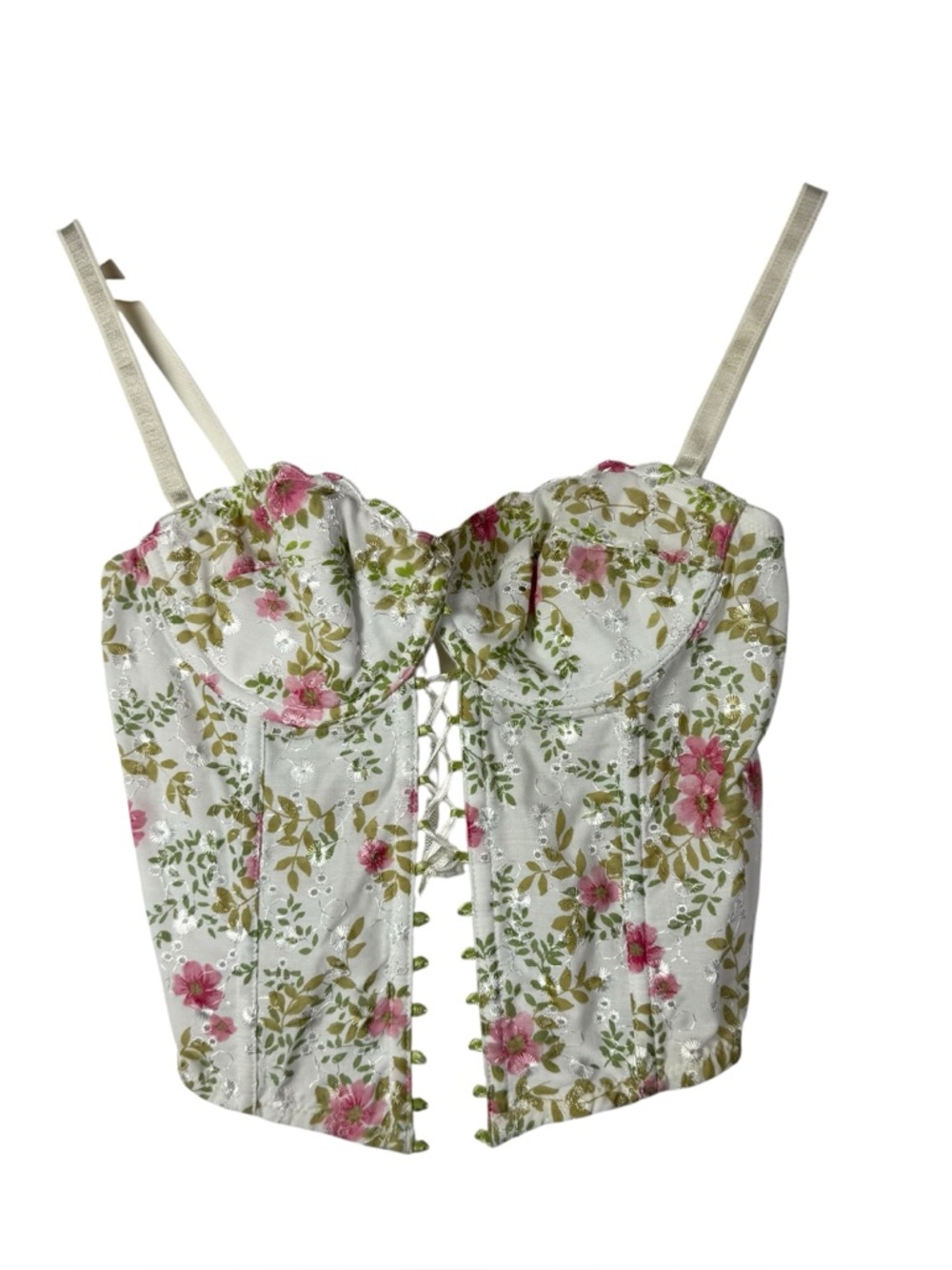 Necessary Objects White Floral Y2K Lace Up Corset Tank Top 34B